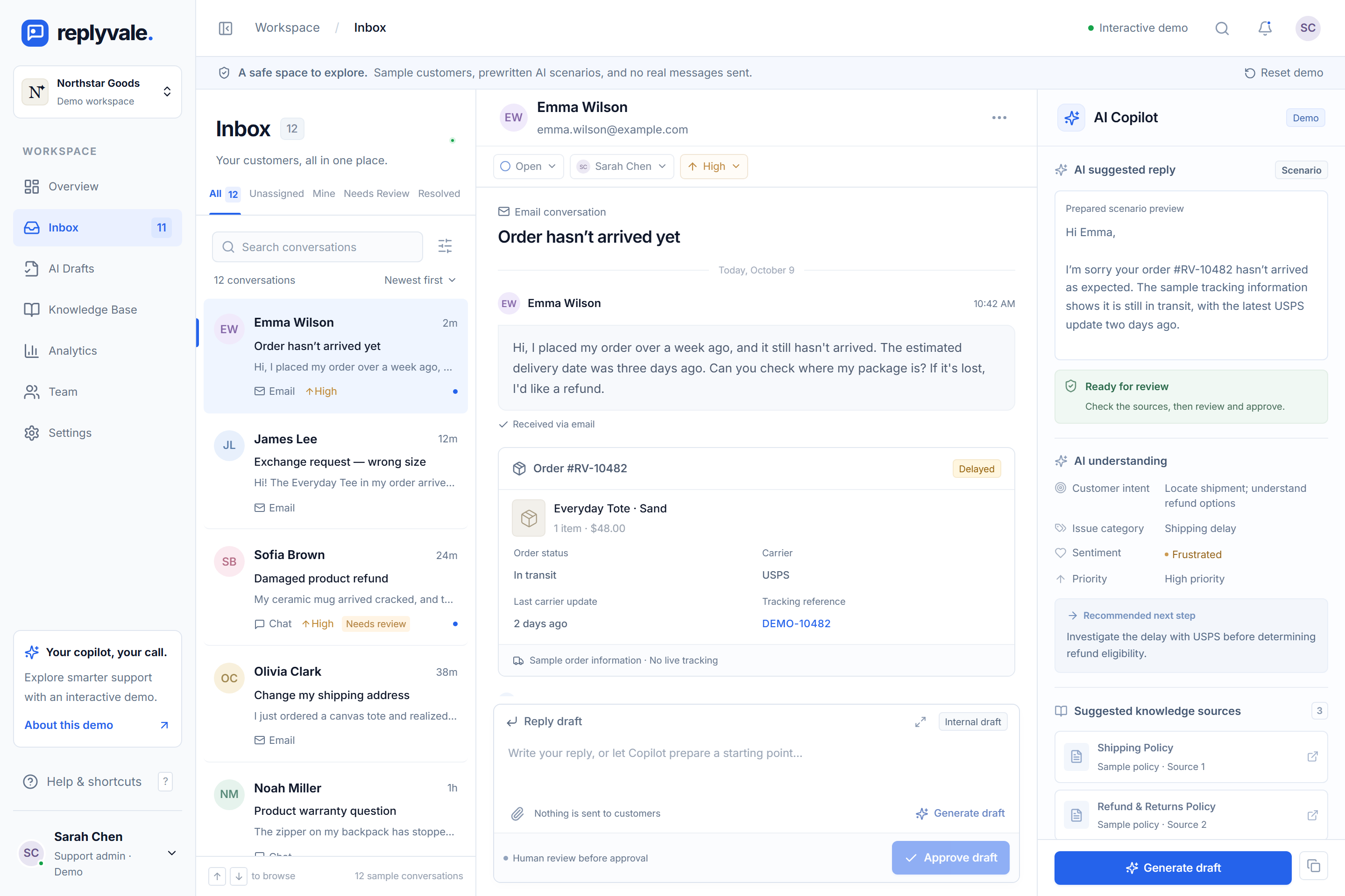 Real ReplyVale frontend prototype: Inbox, sample customer conversation and AI Copilot in one workspace.